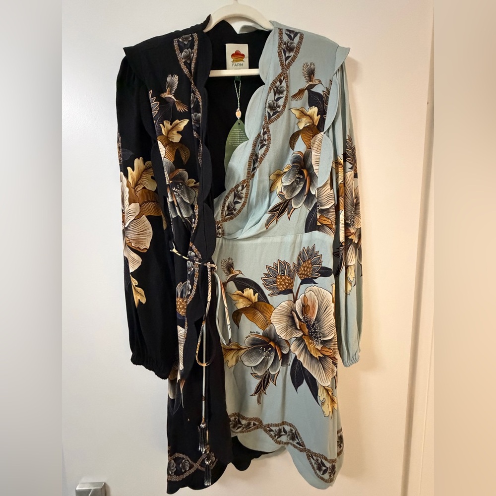FARM Rio Black and Blue Floral Long Sleeve Dress